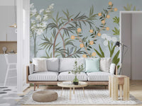 Birds and bamboo in the Oriental Garden wall mural along a living room, GD9722