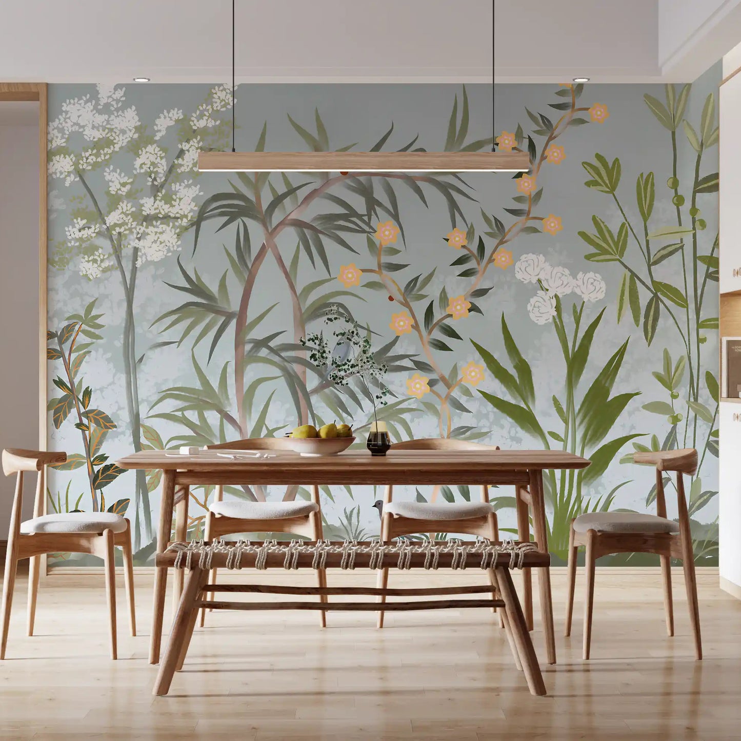 Chinoiserie Birds Bamboo wall mural seen in a Dining room with natural light, GD9722