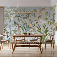 Chinoiserie Birds Bamboo wall mural seen in a Dining room with natural light, GD9722
