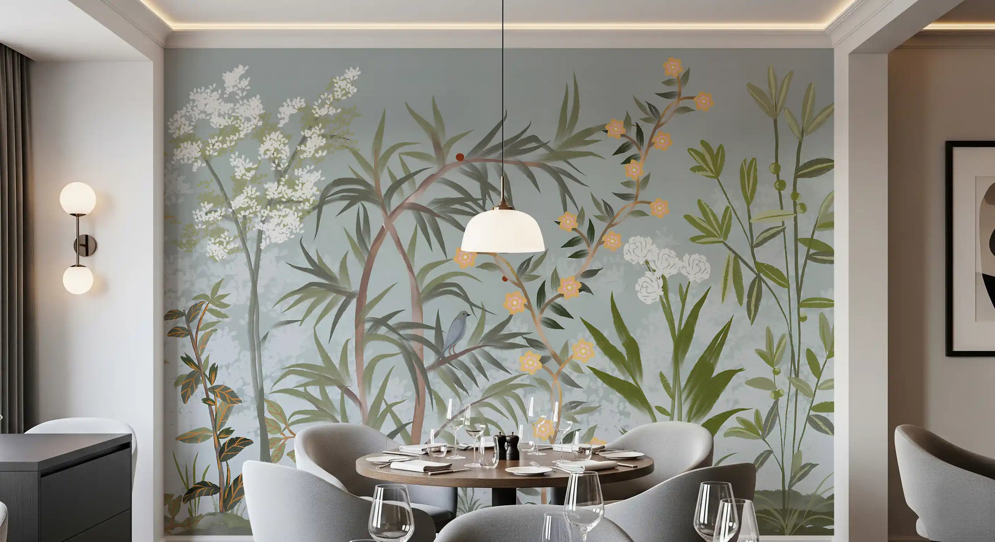 Botanical Birds wall mural spanning the full length of a restaurants dining area, GD9722