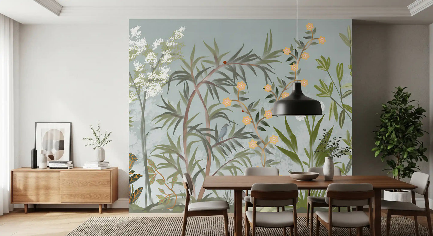Perched birds on bamboo stems in the chinoiserie botanical wall mural, GD9722