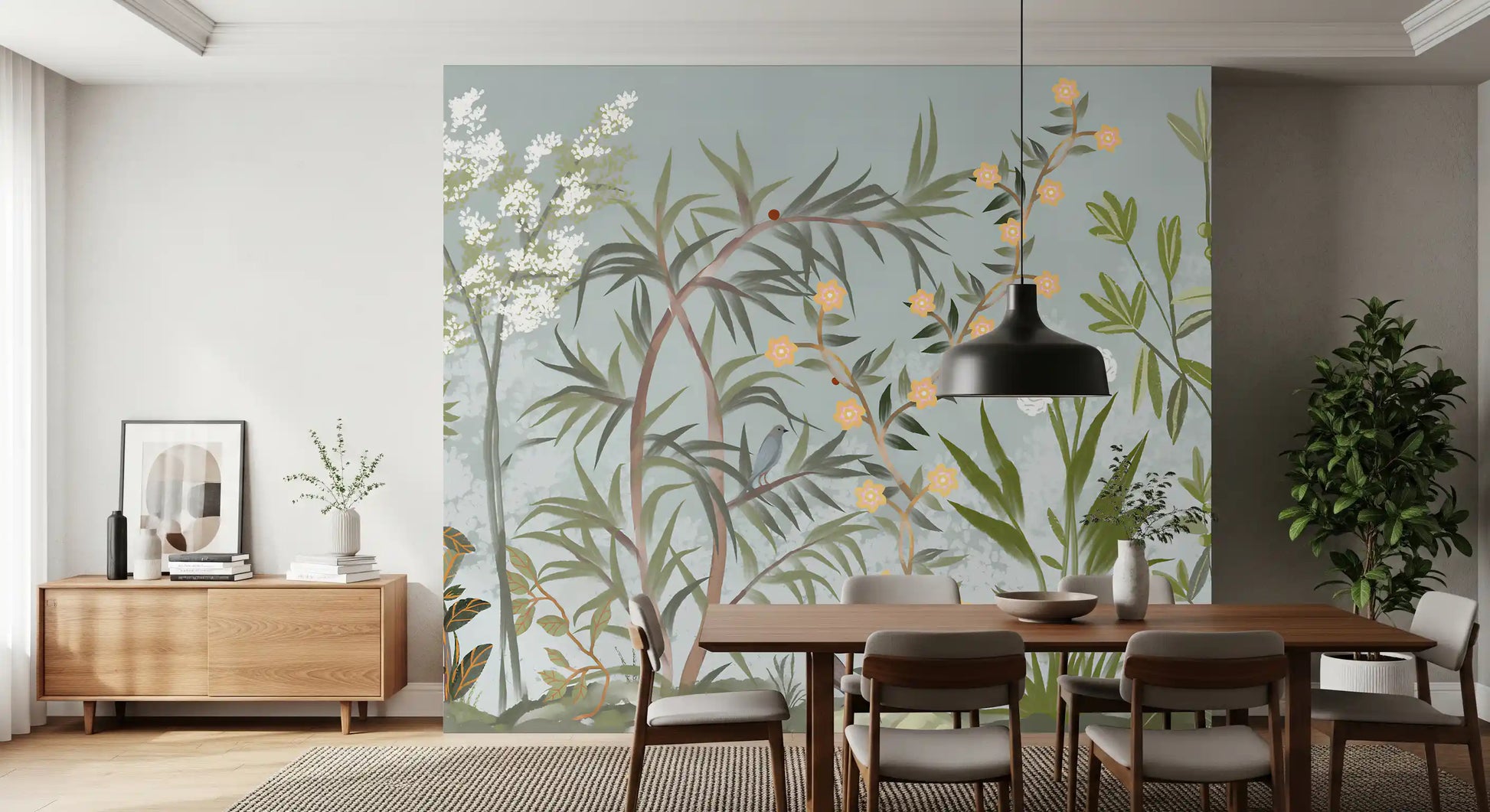 Perched birds on bamboo stems in the chinoiserie botanical wall mural, GD9722