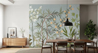Perched birds on bamboo stems in the chinoiserie botanical wall mural, GD9722