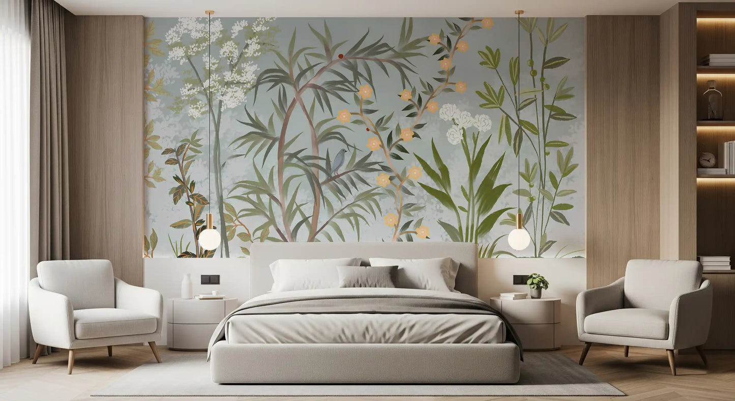 Yellow blooms and white florals in this oriental birds wall mural, GD9722