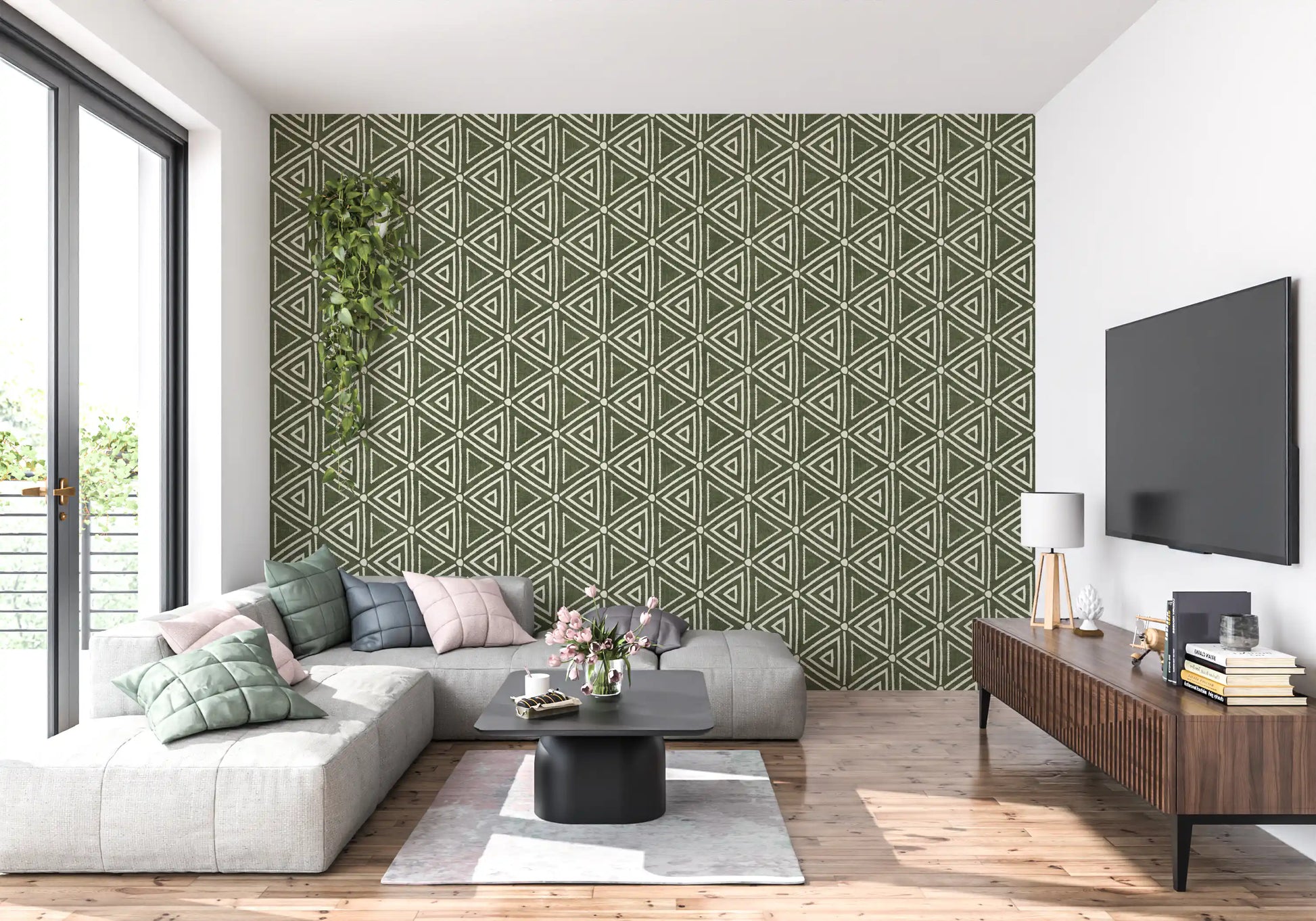 Off-white geometric lines cross a sage-toned boho mudcloth triangle wallpaper, GD9723