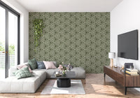 Off-white geometric lines cross a sage-toned boho mudcloth triangle wallpaper, GD9723