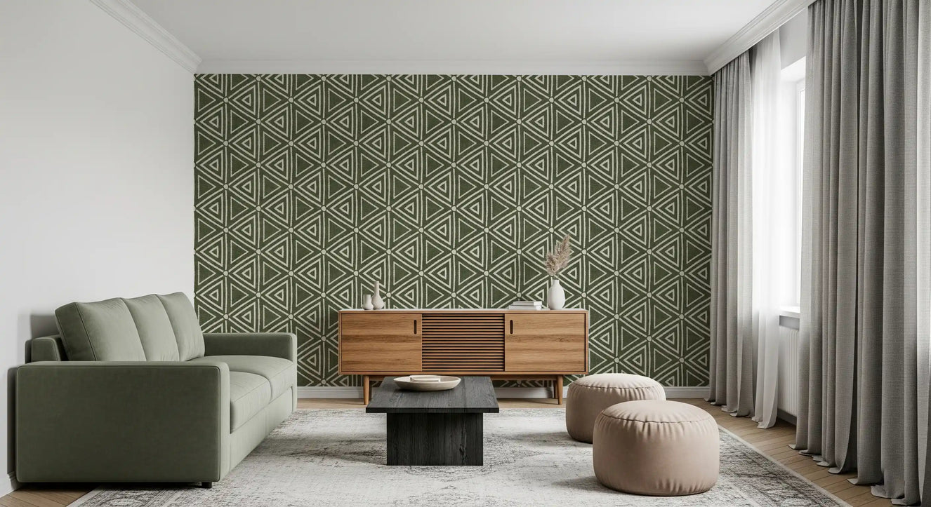 Textured Mudcloth Geometric Triangles Boho Moss Green Wallpaper⁠