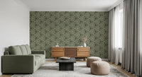 Sage triangle mudcloth wallpaper brightening a living room with cream geometric rows, GD9723