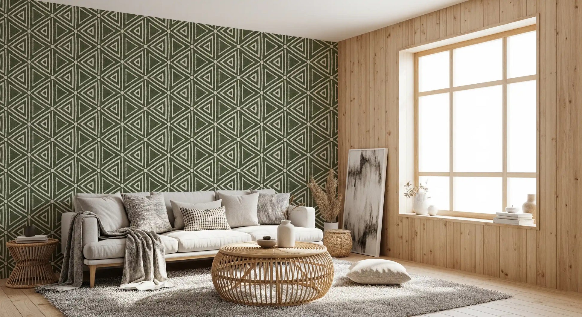 Each triangle nests within the next on this sage mudcloth boho wallpaper, GD9723