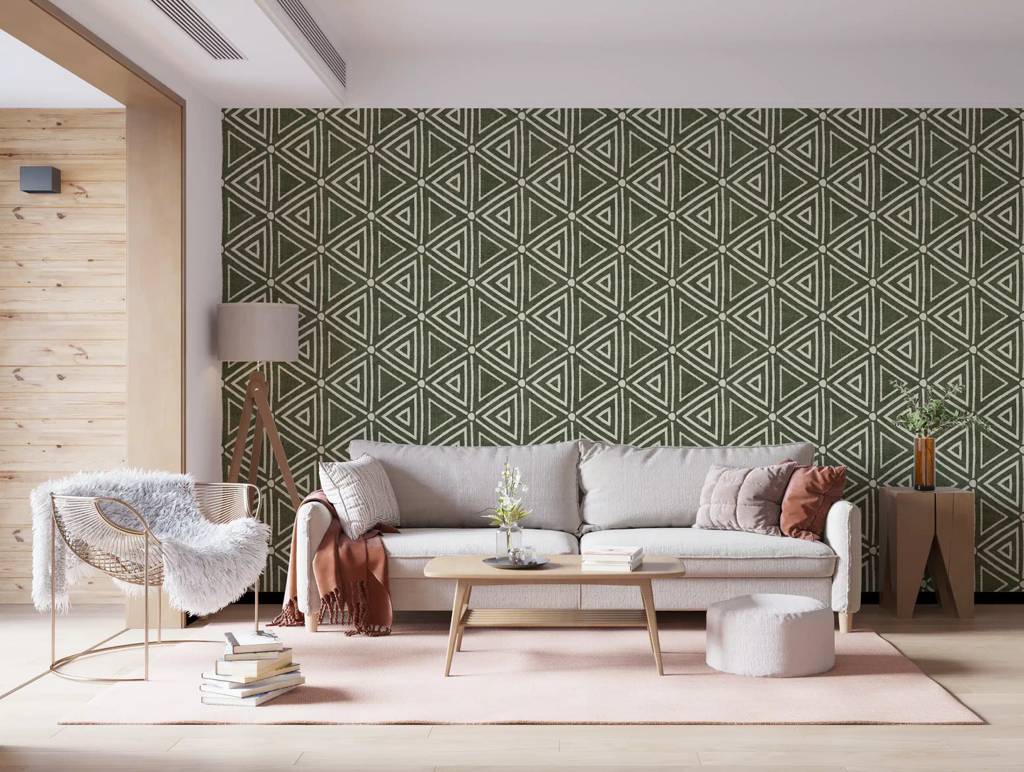 Fine cream outlines trace geometric triangles on the moss green mudcloth wallpaper, GD9723