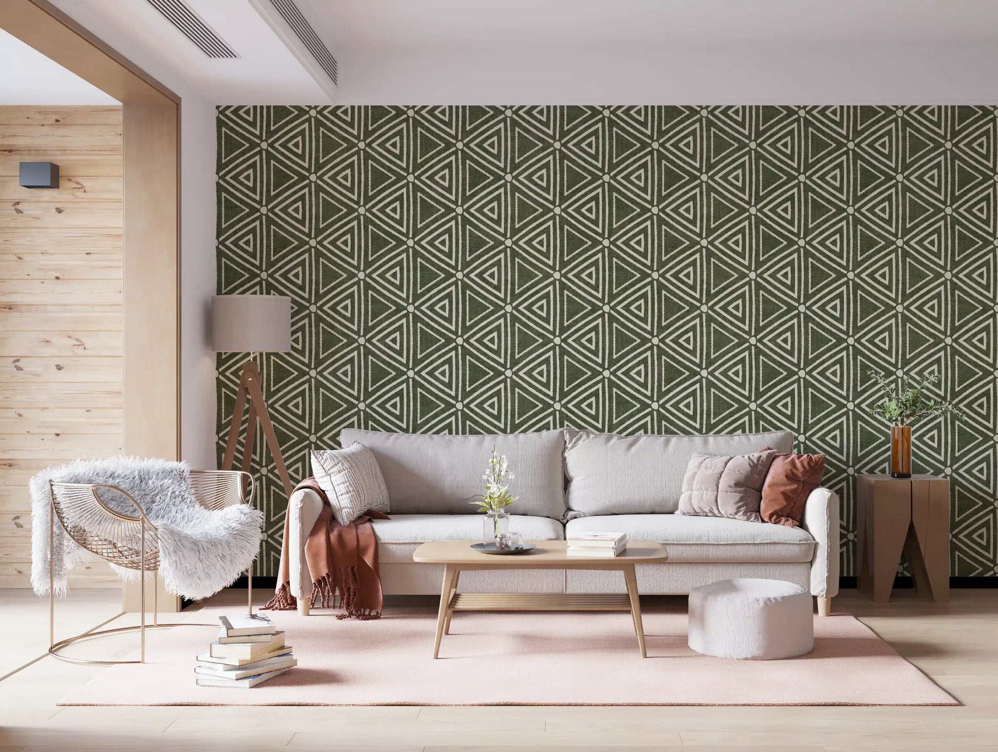 Fine cream outlines trace geometric triangles on the moss green mudcloth wallpaper, GD9723