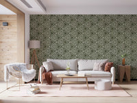 Fine cream outlines trace geometric triangles on the moss green mudcloth wallpaper, GD9723