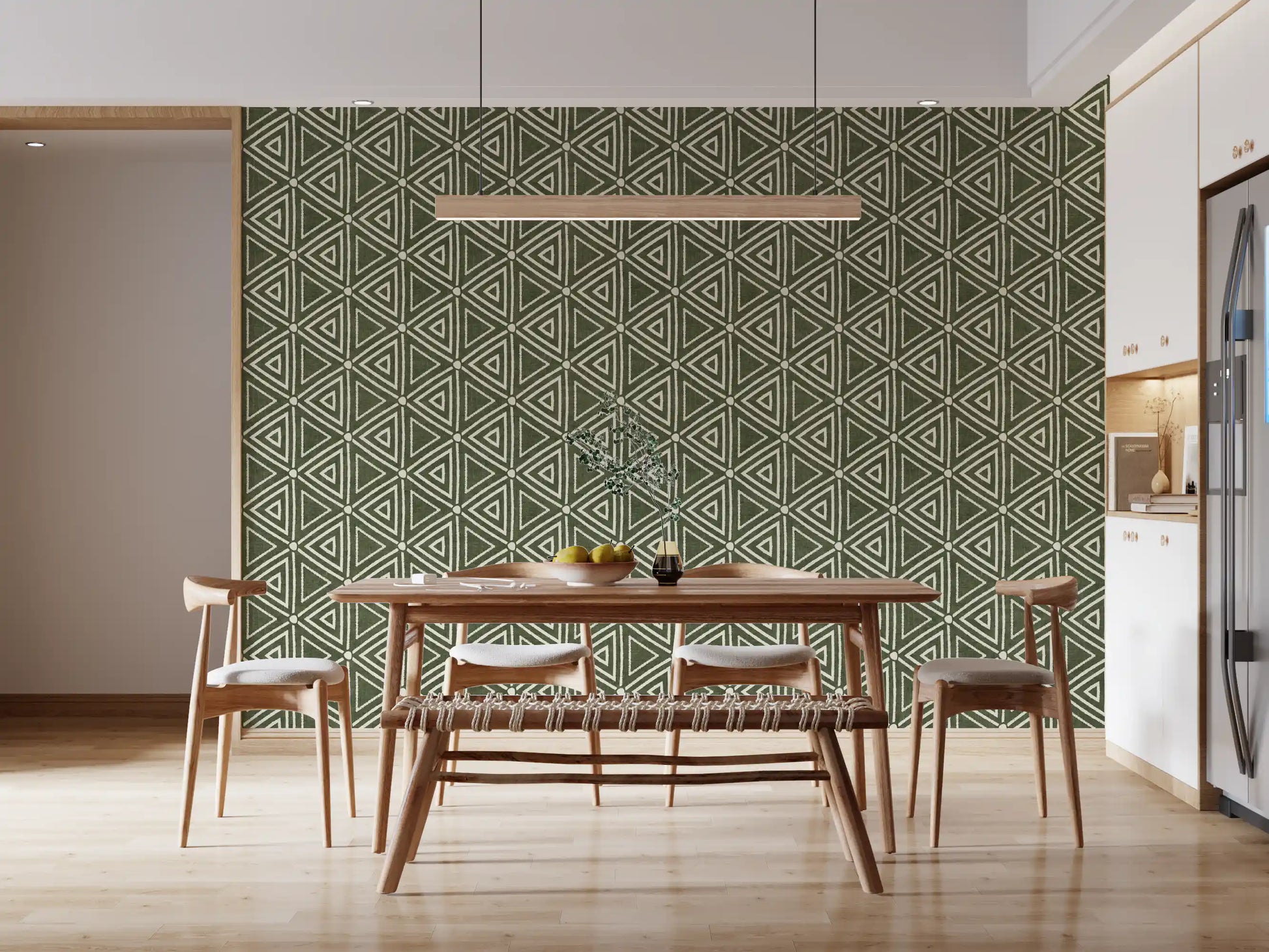 Nested triangle motifs fill this moss green boho mudcloth wallpaper evenly, GD9723