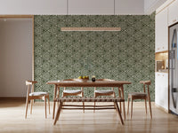 Nested triangle motifs fill this moss green boho mudcloth wallpaper evenly, GD9723