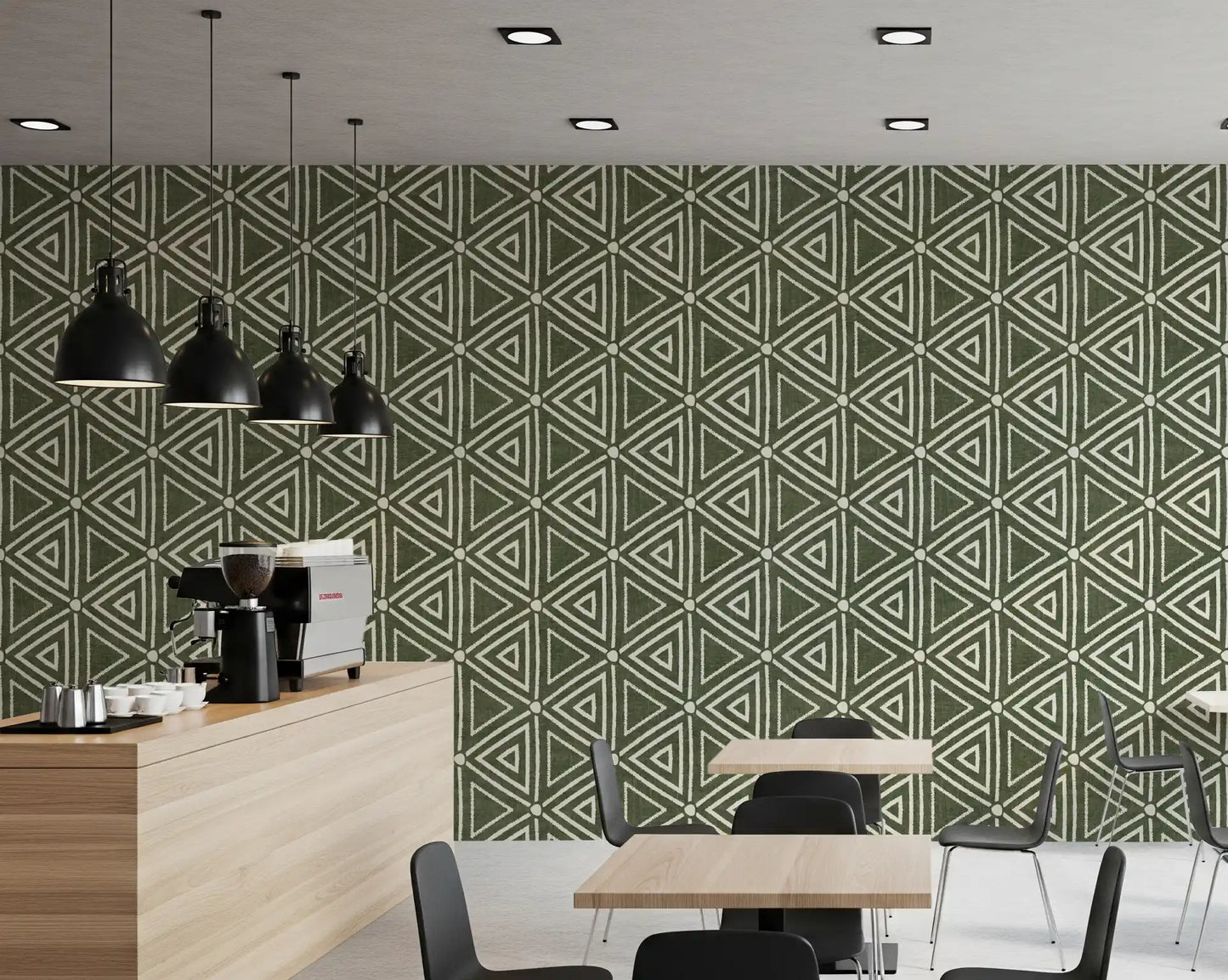 Botanical moss green mudcloth wallpaper lining a Café dining area, GD9723