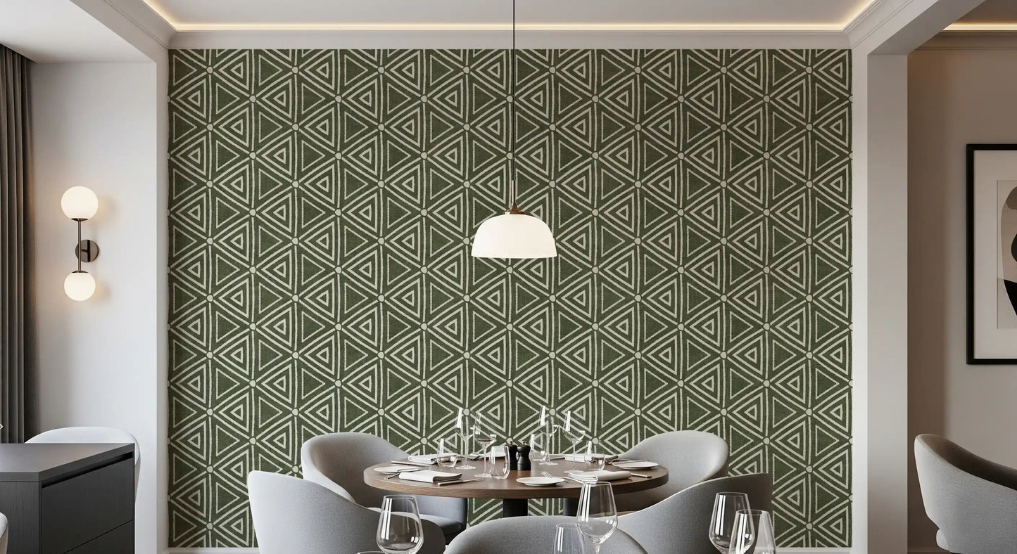 Woven-look moss green triangle wallpaper a dining area, GD9723