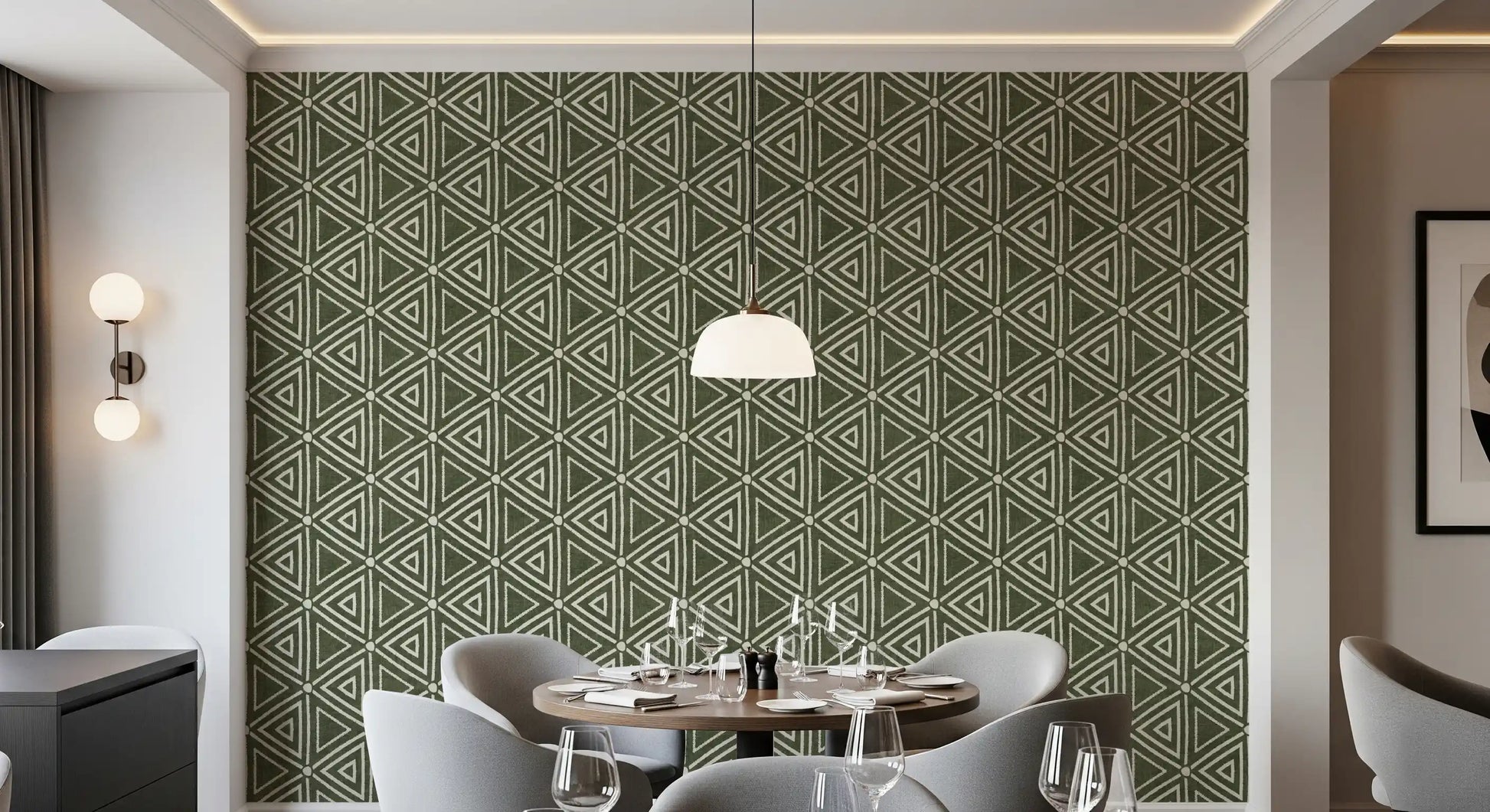 Woven-look moss green triangle wallpaper a dining area, GD9723