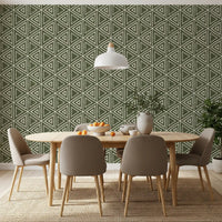 Moss green mudcloth triangle wallpaper covering a dining room in earthy sage tone, GD9723