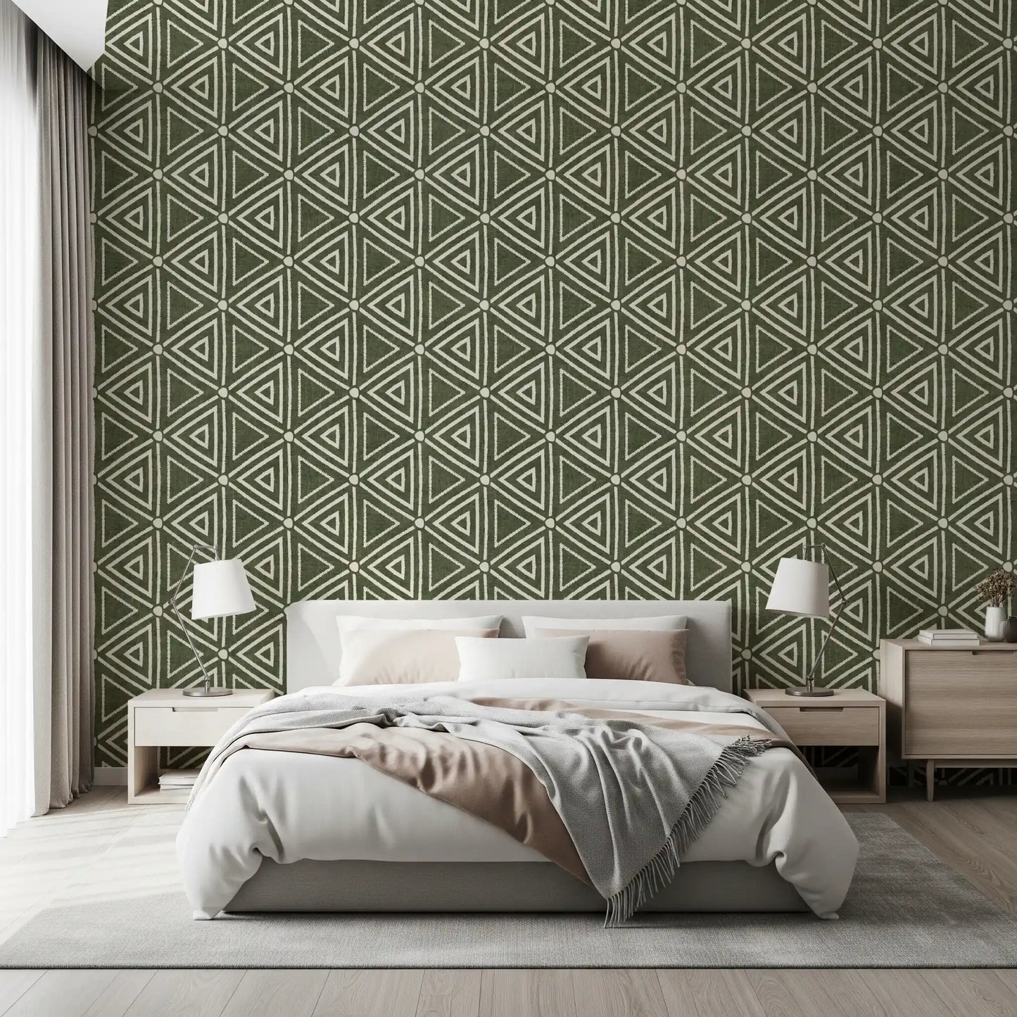 Green boho triangle wallpaper giving a bedroom a layered geometric backdrop, GD9723