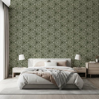 Green boho triangle wallpaper giving a bedroom a layered geometric backdrop, GD9723