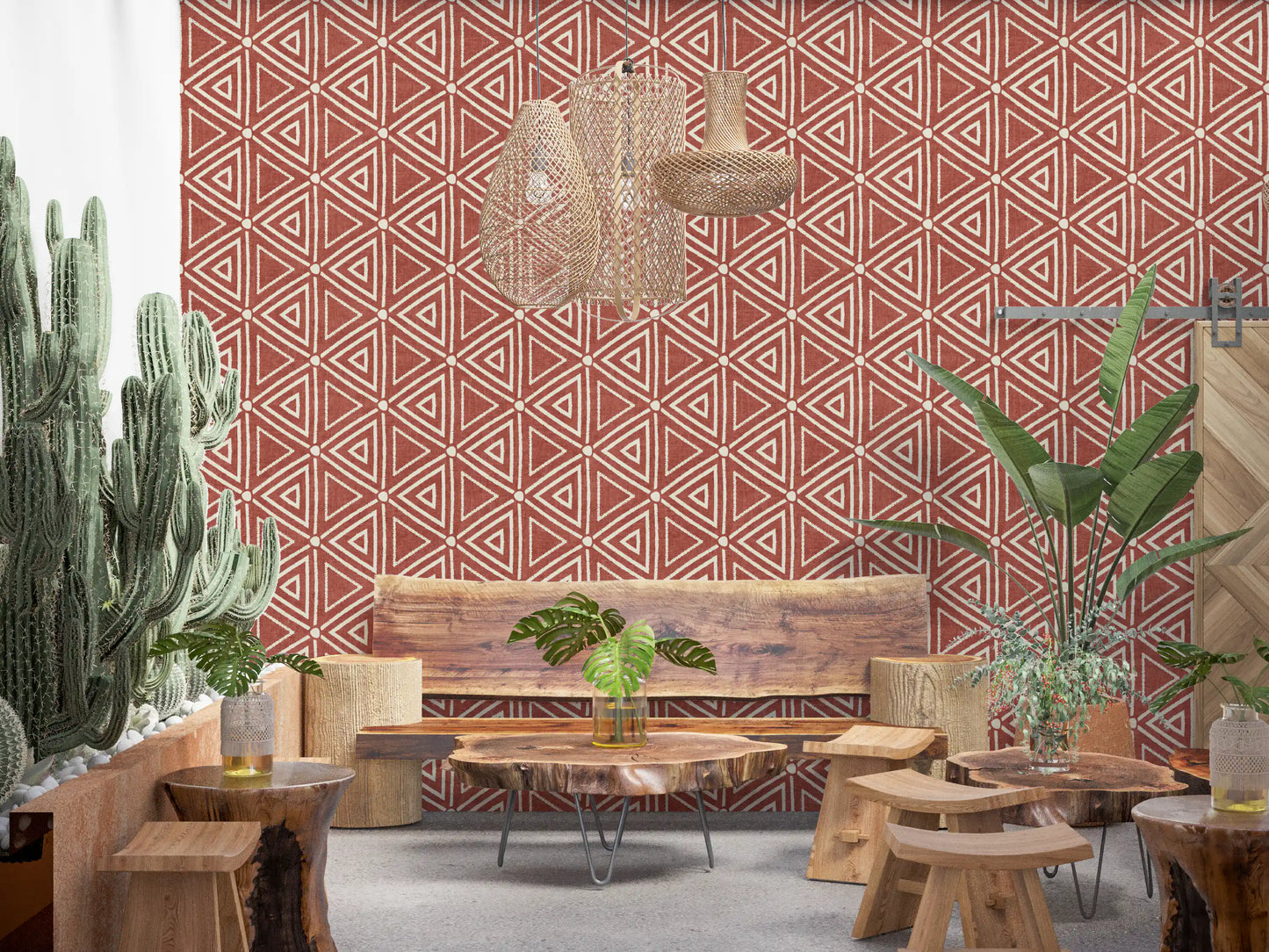 Burnt rust ground meets cream triangles across this boho mudcloth wallpaper., GD9724