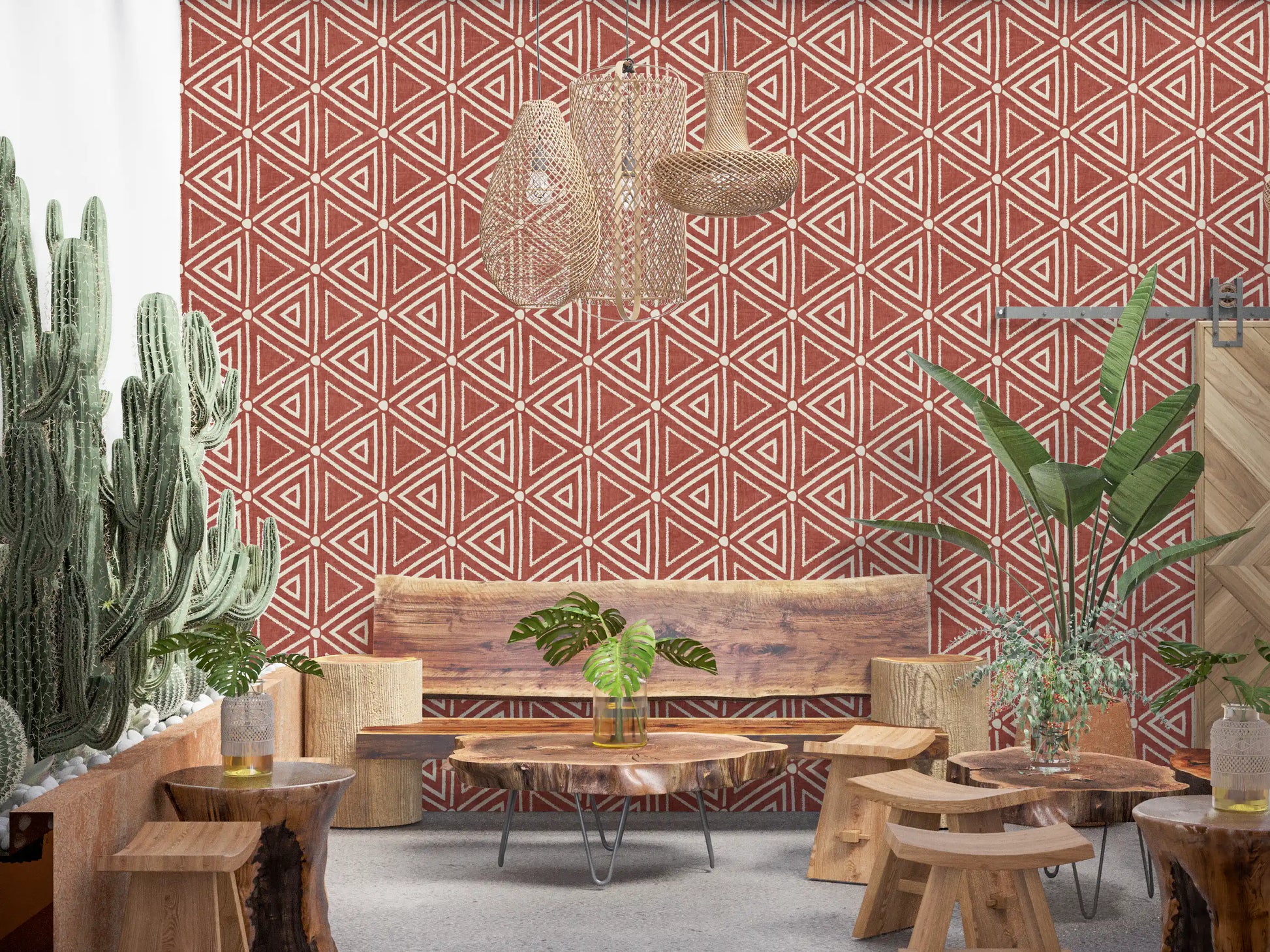 Burnt rust ground meets cream triangles across this boho mudcloth wallpaper., GD9724