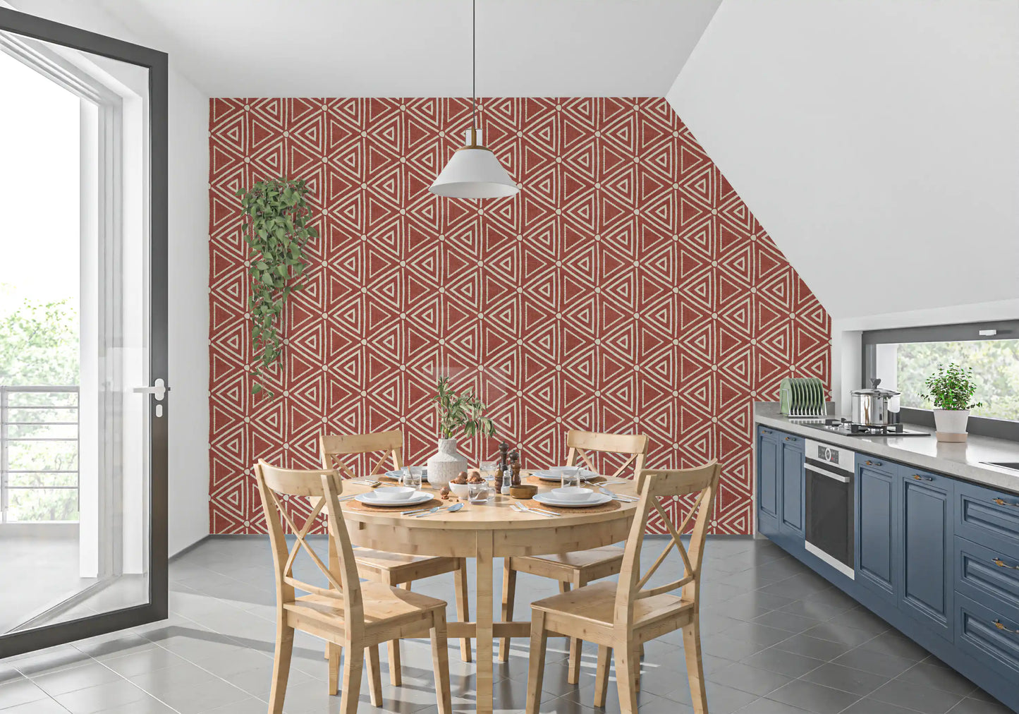 Kitchen and dining area, this rust terracotta mudcloth wallpaper deepens textile warmth., GD9724