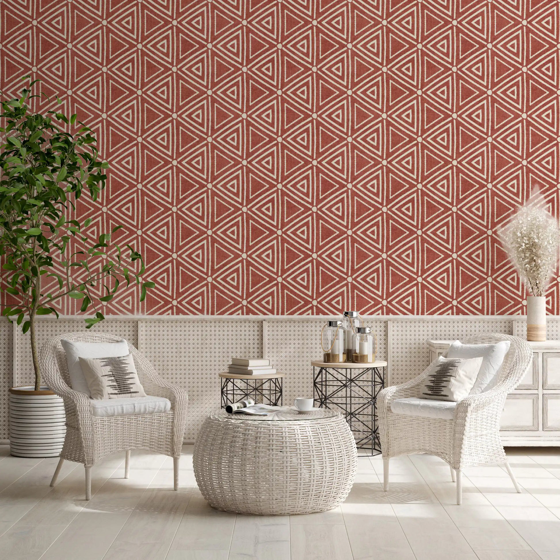 Around a quiet dining nook, this boho terracotta triangle wallpaper feels global., GD9724