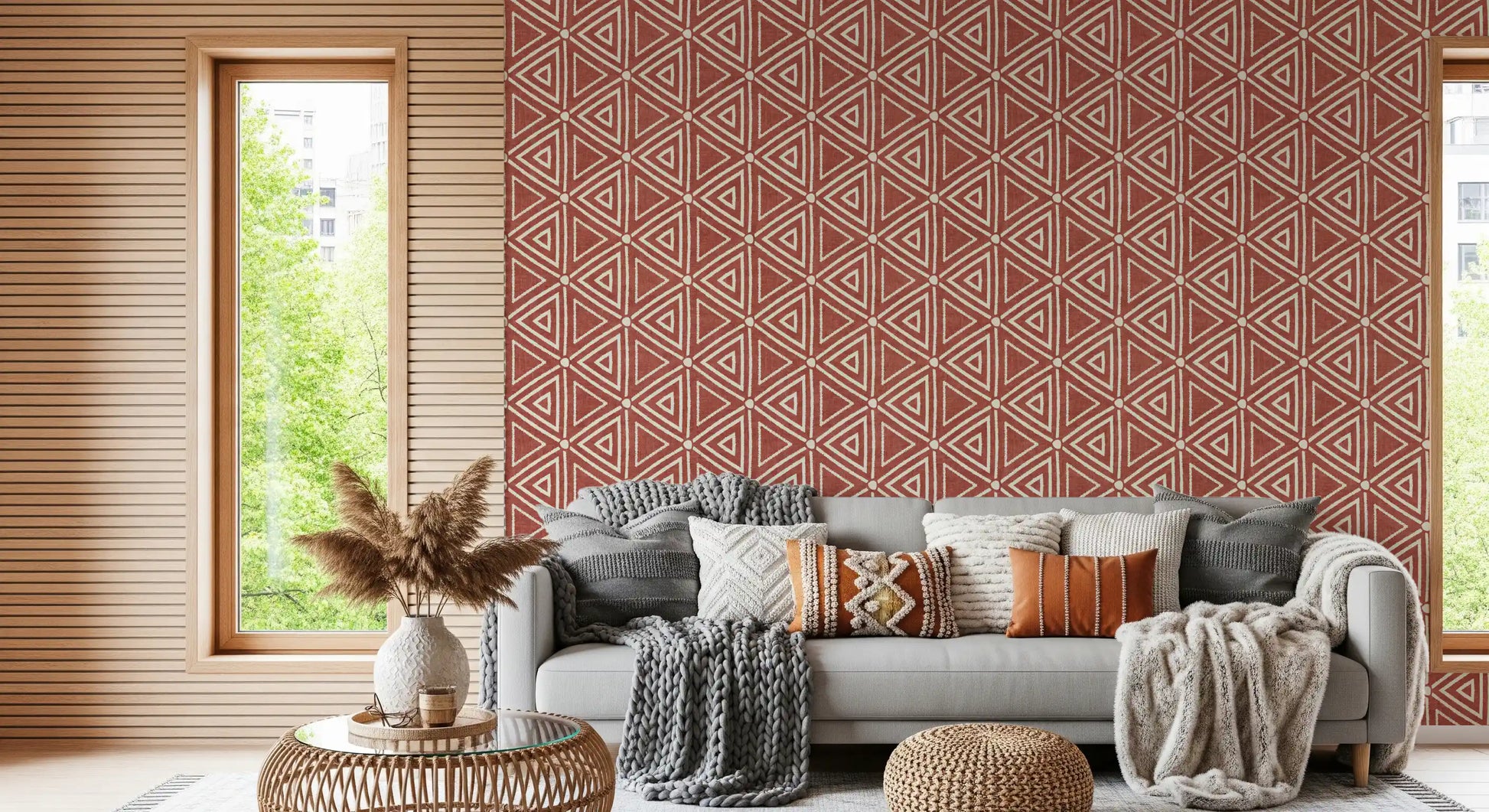 On each triangle, a cream outline frames the rust ground subtly in this wallpaper., GD9724