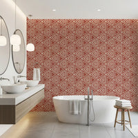 Spa-like bathroom warmth deepens against this rust terracotta triangle wallpaper., GD9724