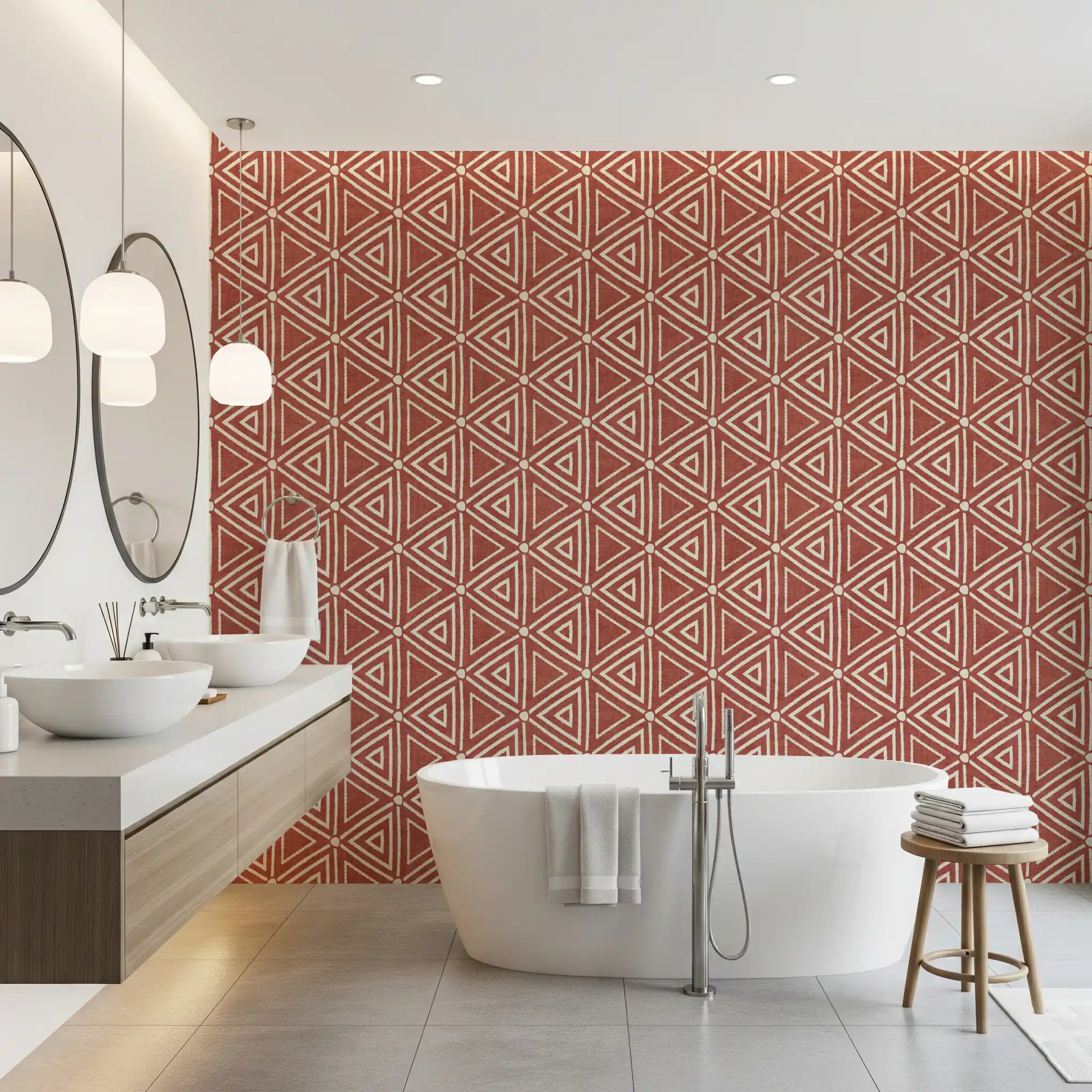 Spa-like bathroom warmth deepens against this rust terracotta triangle wallpaper., GD9724