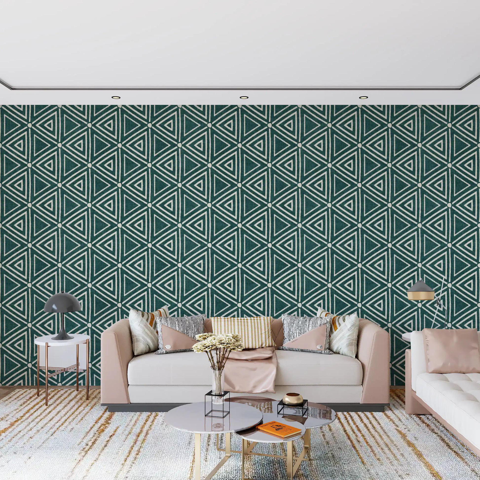 Tiled boho triangle repeat built into a deep teal geometric wallpaper, GD9725