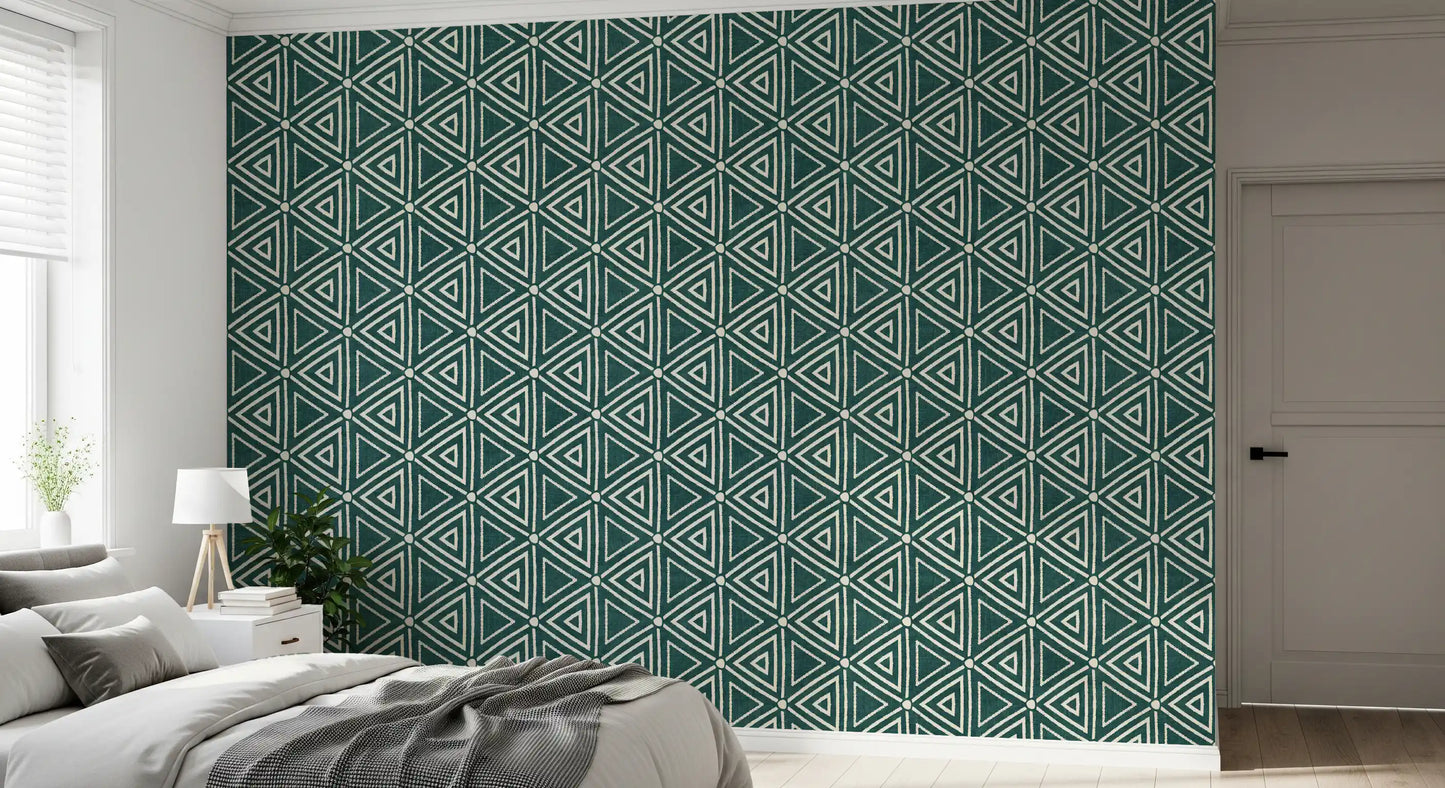 Mudcloth triangle deep teal wallpaper placed within a Bedroom, GD9725
