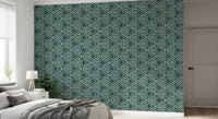 Mudcloth triangle deep teal wallpaper placed within a Bedroom, GD9725
