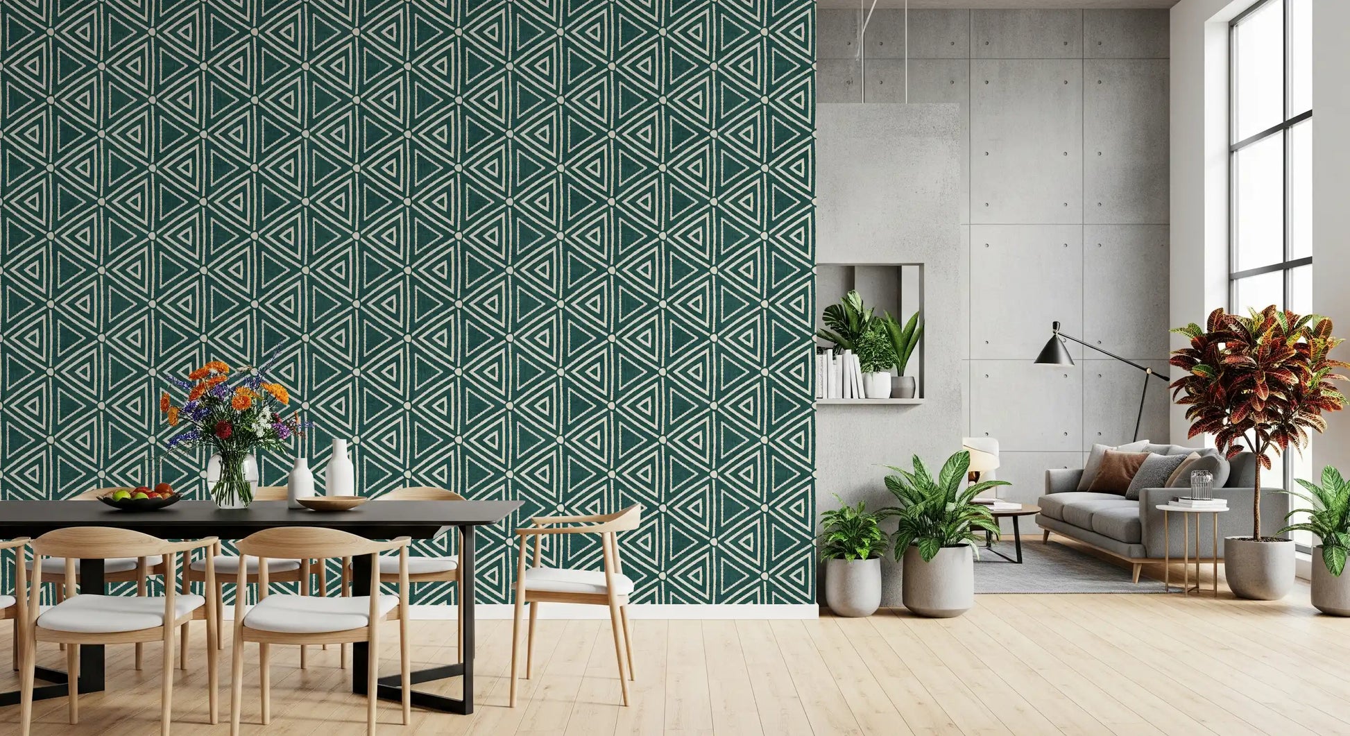 Mudcloth geometric wallpaper showing interlocked triangles in teal and cream, GD9725