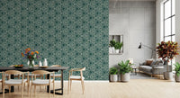 Mudcloth geometric wallpaper showing interlocked triangles in teal and cream, GD9725