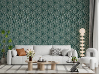 Mudcloth teal triangle wallpaper filling a living room with bold geometric coverage, GD9725