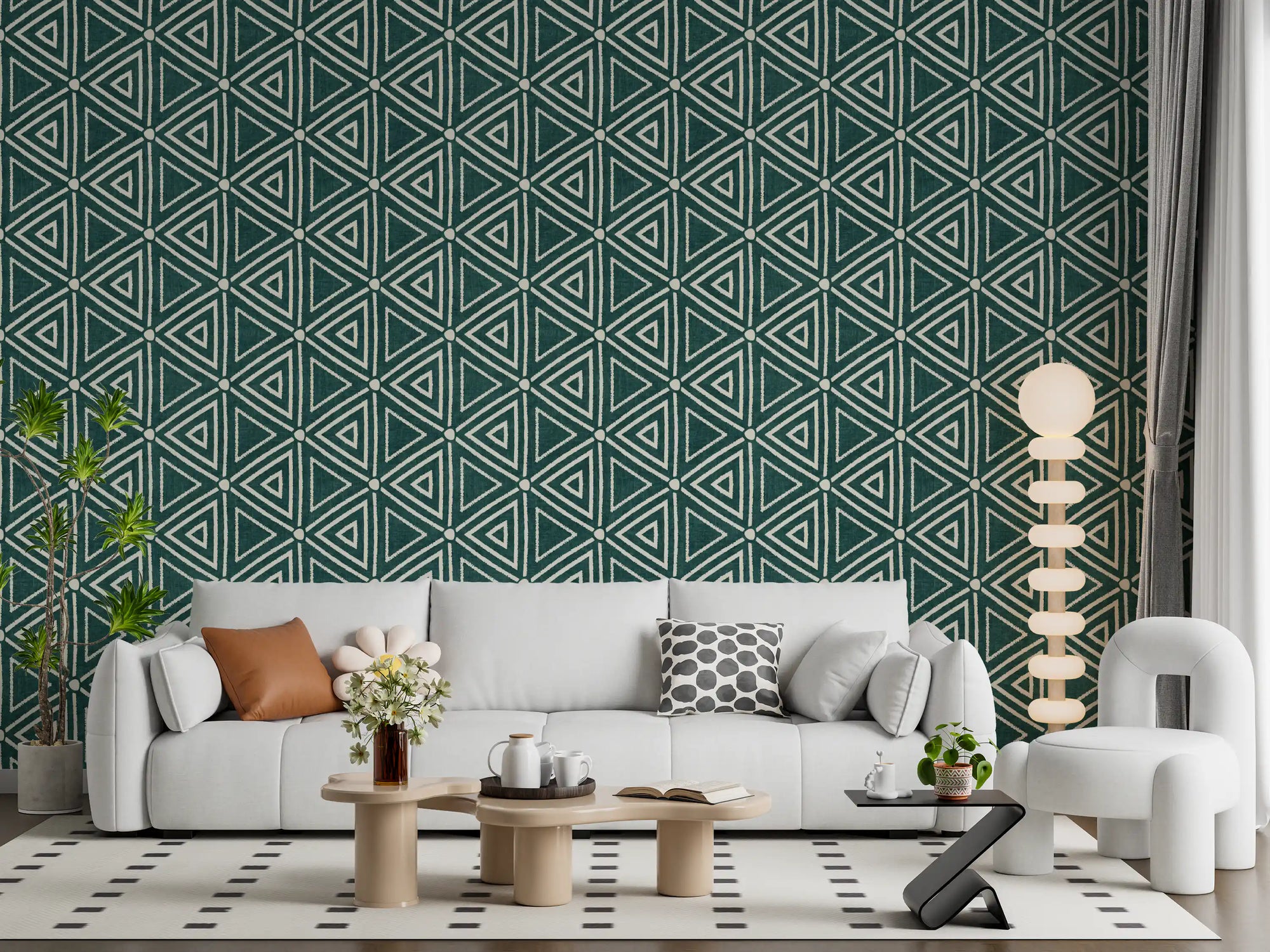 Mudcloth teal triangle wallpaper filling a living room with bold geometric coverage, GD9725