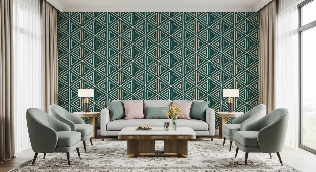Textured Mudcloth Geometric Triangles Boho Deep Teal Wallpaper⁠