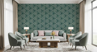 Geometric mudcloth triangle wallpaper  seen in a bright living room setting, GD9725