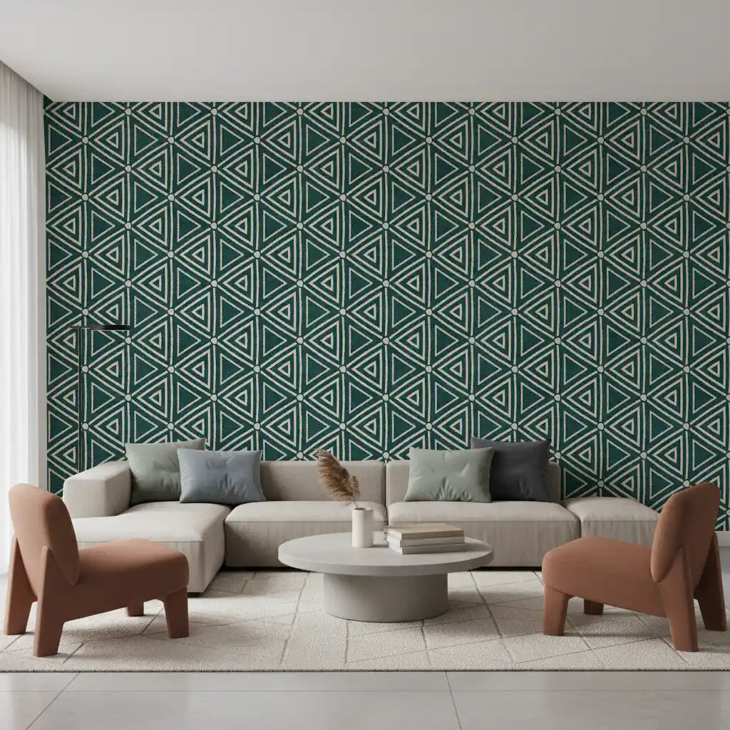 Teal boho mudcloth wallpaper wrapping a lounge in a deep geometric pattern, GD9725
