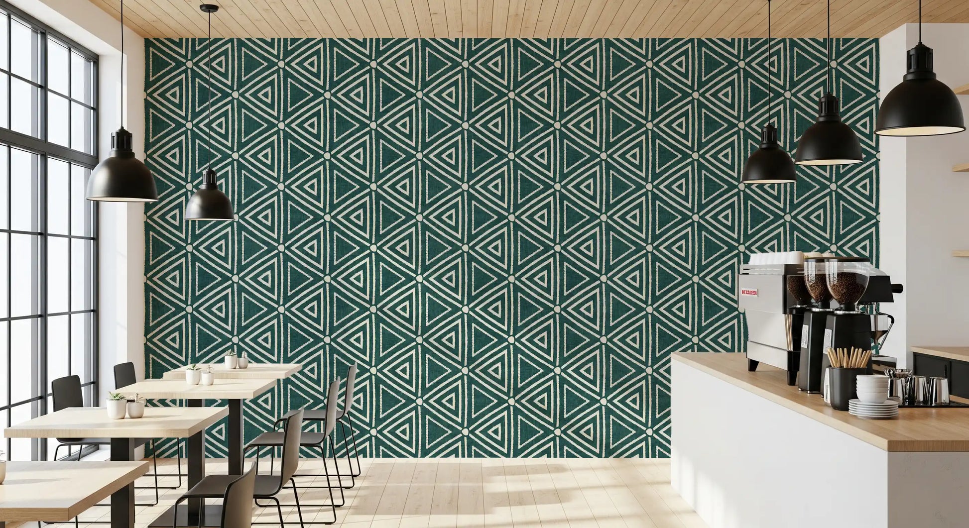 Rough-edged triangle motifs running across the boho teal mudcloth wallpaper, GD9725