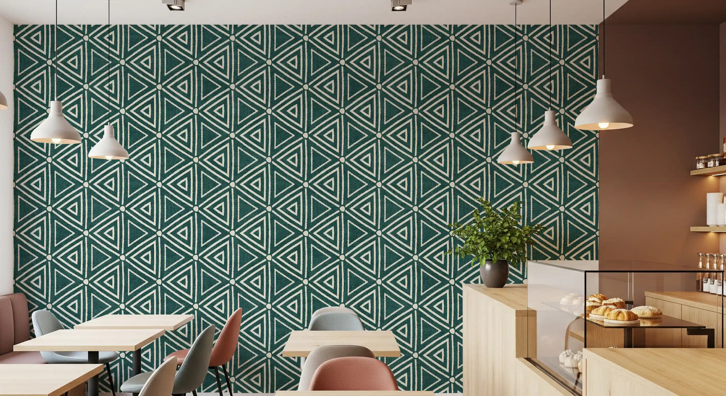 Cream triangle outlines layered on a textured teal mudcloth wallpaper surface, GD9725