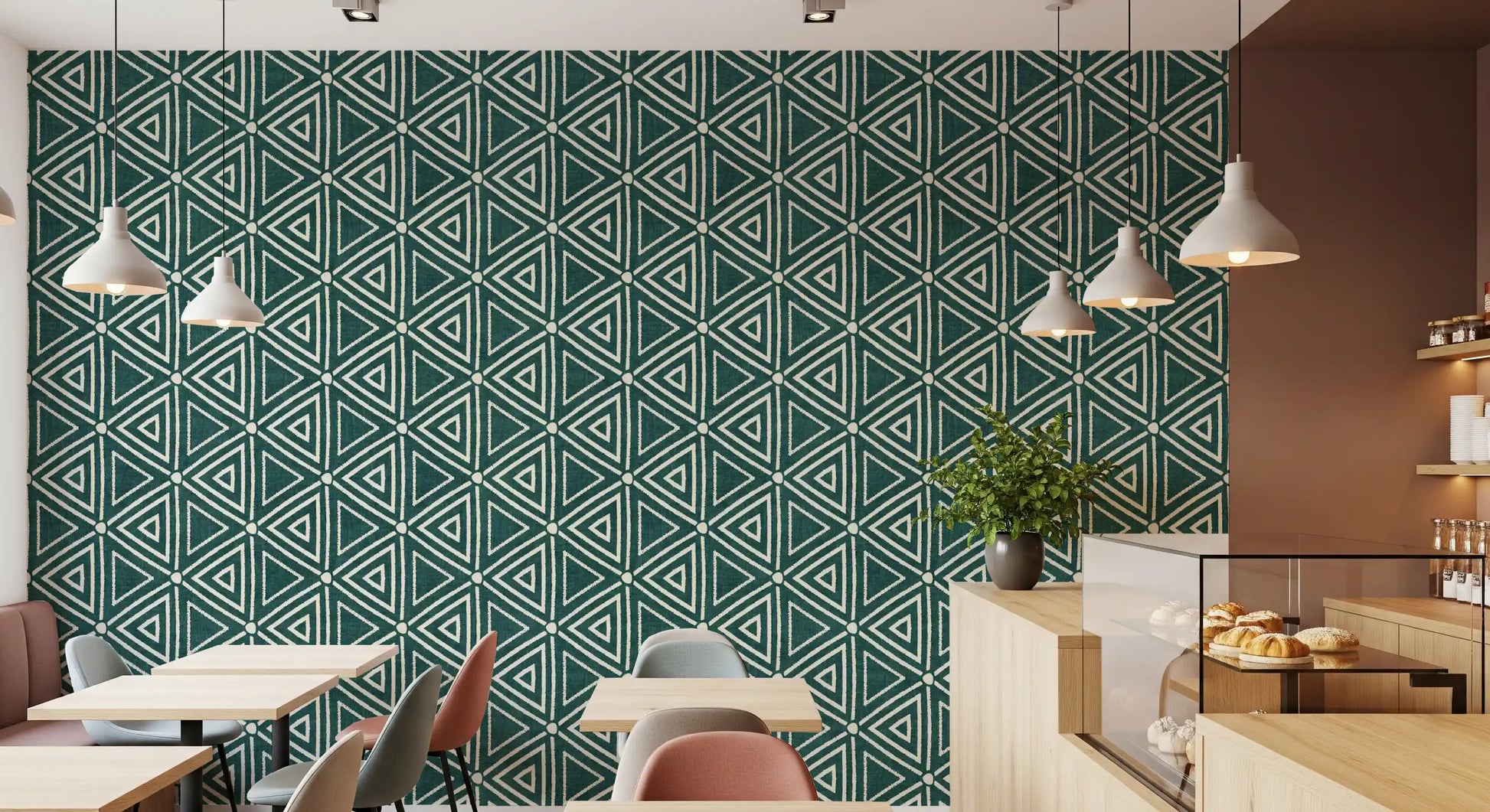 Cream triangle outlines layered on a textured teal mudcloth wallpaper surface, GD9725
