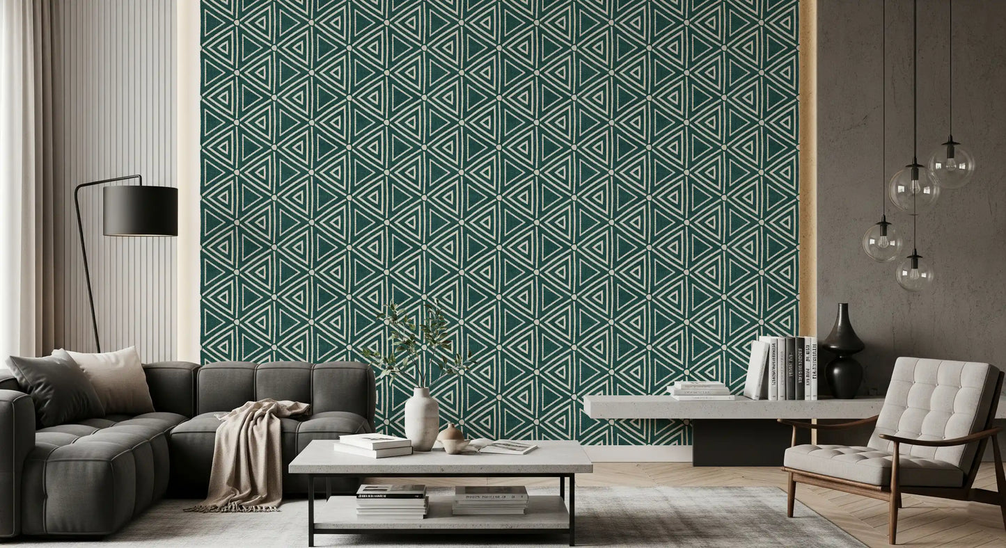 Boho deep teal triangle wallpaper standing out in an open living room, GD9725