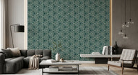 Boho deep teal triangle wallpaper standing out in an open living room, GD9725