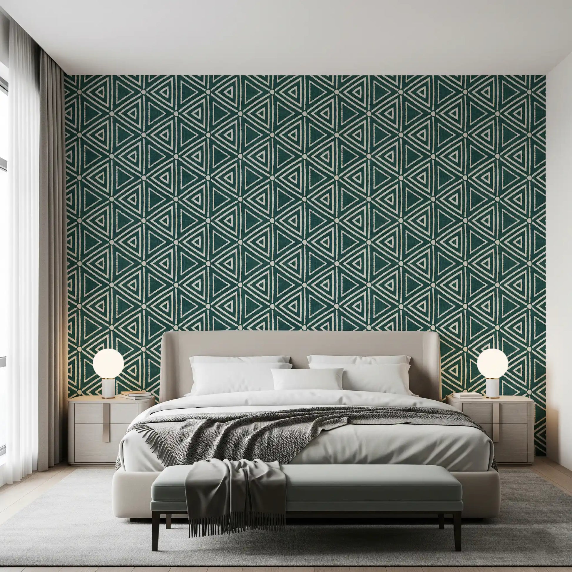 Deep teal geometric triangles wallpaper stretching across a bedroom feature, GD9725