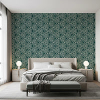 Deep teal geometric triangles wallpaper stretching across a bedroom feature, GD9725