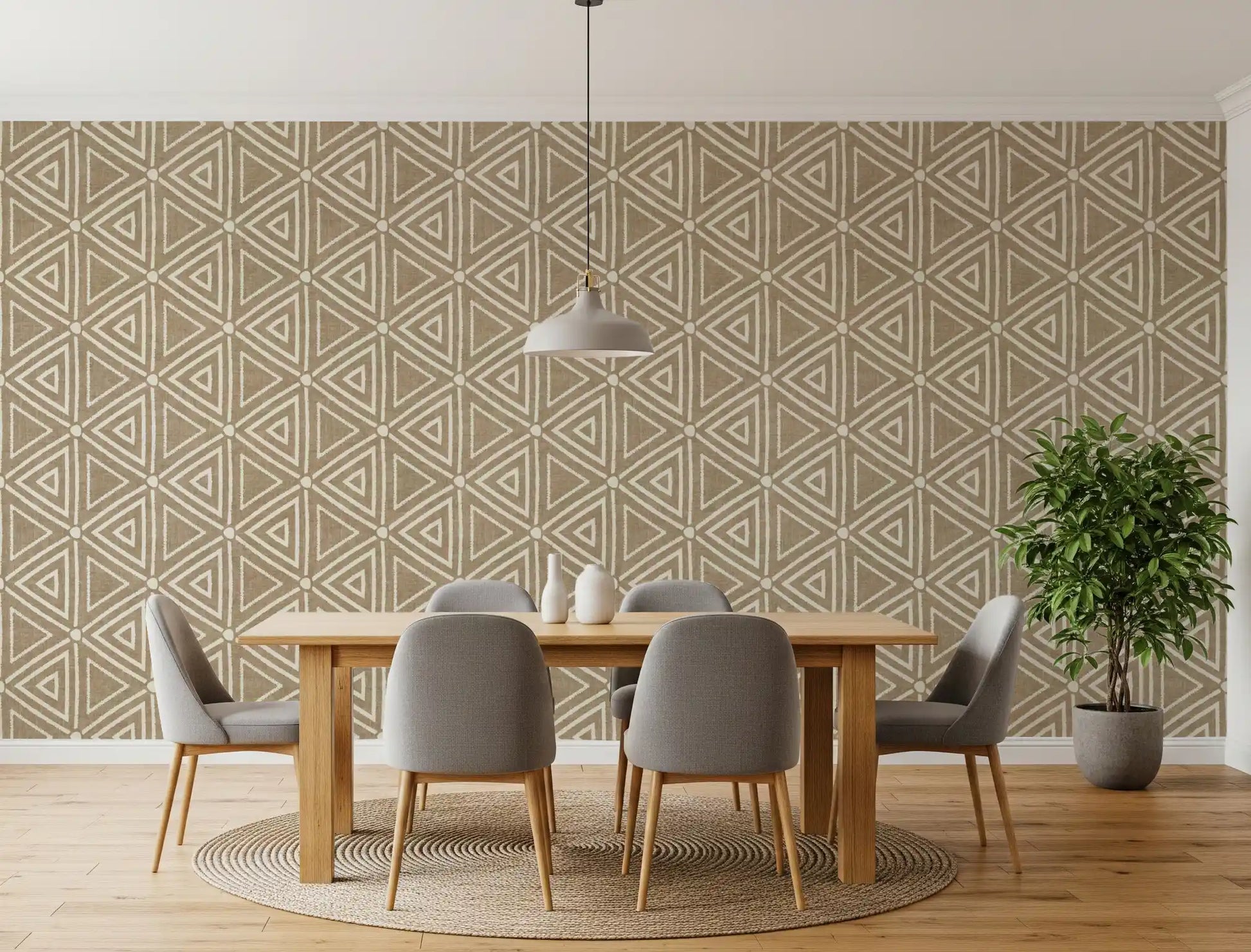 Earthy cream triangle lines in Sand Beige wallpaper along the dining room wall, GD9726