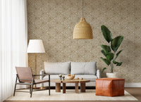 Boho Sand Beige wallpaper covering the living room in a textured geometric pattern, GD9726